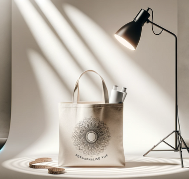 Affichage élégant et simple d'un tote bag personnalisé avec un design unique, sur un fond minimaliste évoquant un studio de mode.